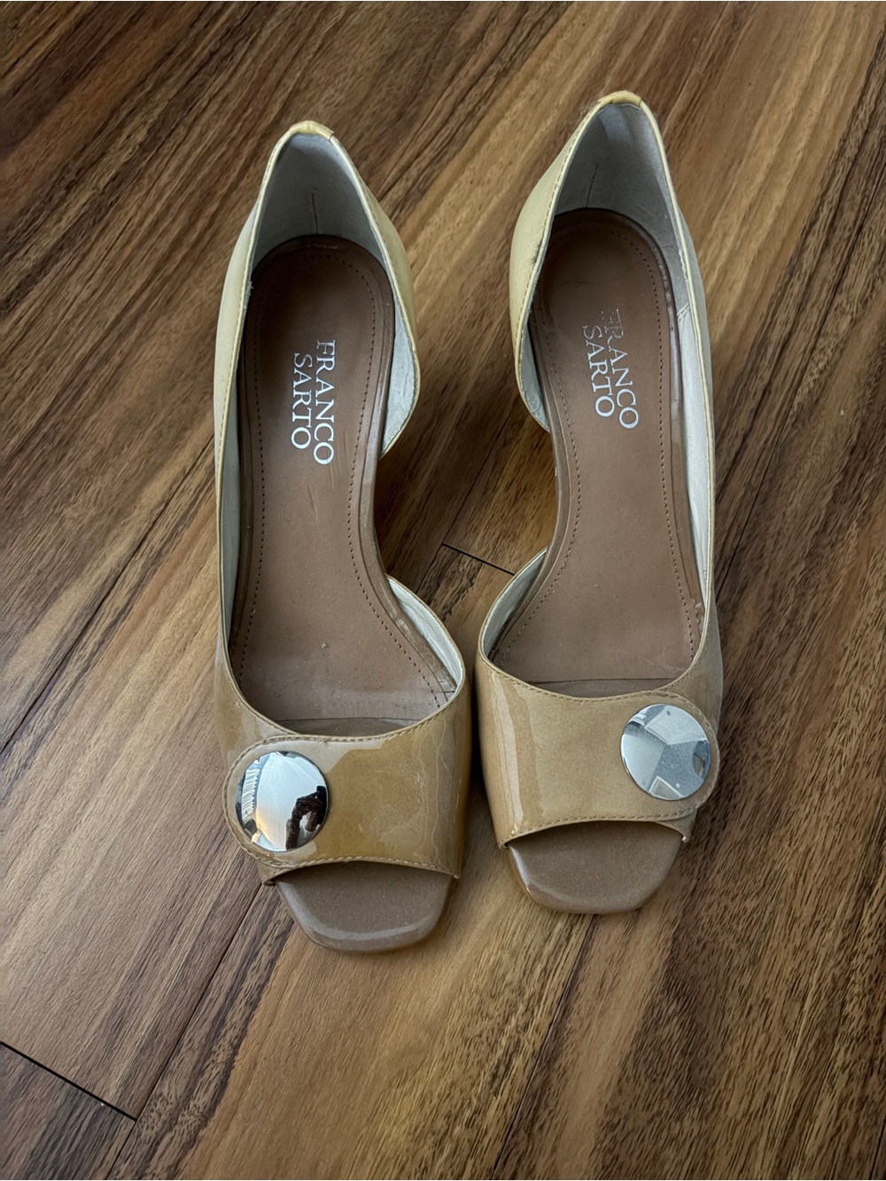 Franco Sarto Tan Patent Peep-Toe Pumps with Silver Accent
